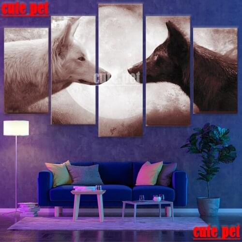 5PCS Black and white wolf living room decoration art diy diamond Painting 5d diamond Mosaic square round diamond diamond mosaic