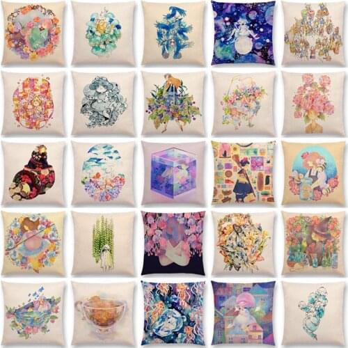 Watercolor Cartoon Lovely Girls Beautiful Flowers Linen Cushion Cover Home Decor Car Sofa Throw Pillow Case fundas de cojines