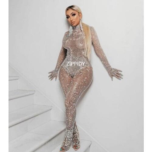 Shining Silver Stones Gloves Bodysuit Transparent Mesh Rhinestones Pants Birthday Celebrate Outfit Women Singer Costumes
