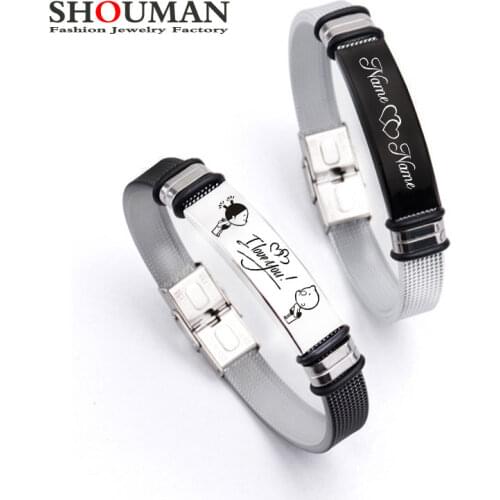 SHOUMAN Personalized custom name ID mens and womens couple bracelet black silver stainless steel fashion punk jewelry Gift him