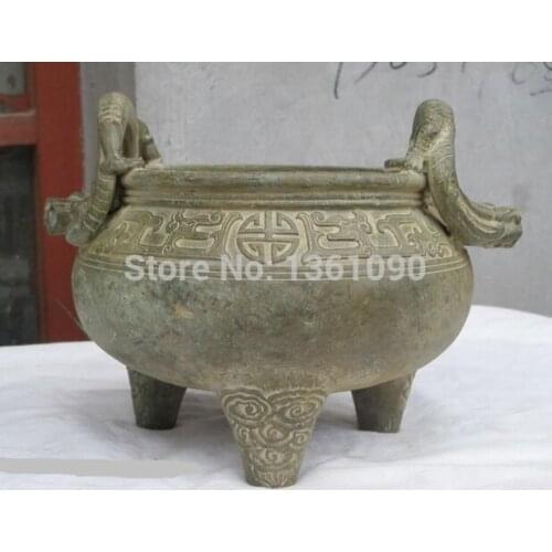 Xd 001276 9.5"China bronze hand-carved Two Dragons incense burner censer thurible
