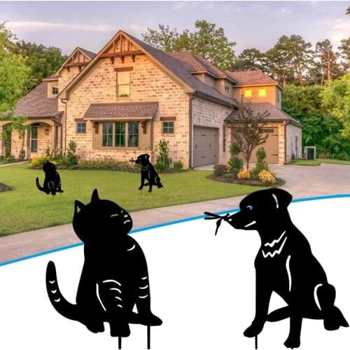 HOT Animal Garden Ground Insert Decor Hollow Cat Dog Figure Yard Art Peg for Manor Outdoor Black