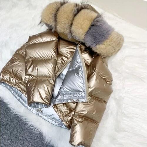 2021 Large Real Natural Fox Fur Winter Jacket Women Down Parkas Coats Hooded White Duck Down Jacket Double Sided Waterproof Coat