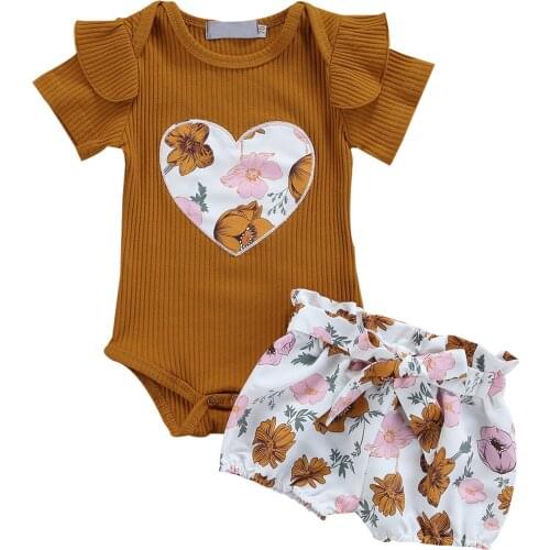 Citgeett Summer Newborn Baby Girls Casual Outfits Heart-shaped Pattern Fly Sleeve Romper + Tie-up Flower Print Short Clothes Set