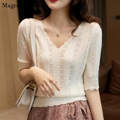 Short Sleeve Summer Womens T-shirt 2021 Knitted Hollw Out V Neck Loose Tee Shirt Femme OL Style Base Female Solid T-Shirt 14006