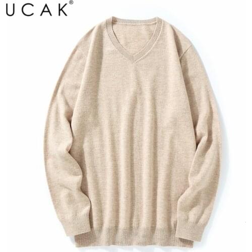 UCAK Brand New Arrival Winter V-Neck Pure Merino Wool Sweater Men Clothing Streetwear Sweaters Men Clothes Pull Homme U3218