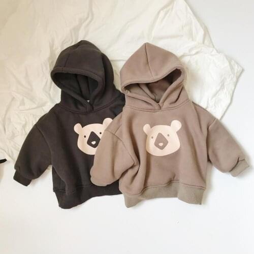 Autumn Winter 2021 Thicken Toddler Baby Kids Boys Girls Clothes Hooded Cartoon Bear Hoodie Plus Velvet Sweatshirt Tops Clothing