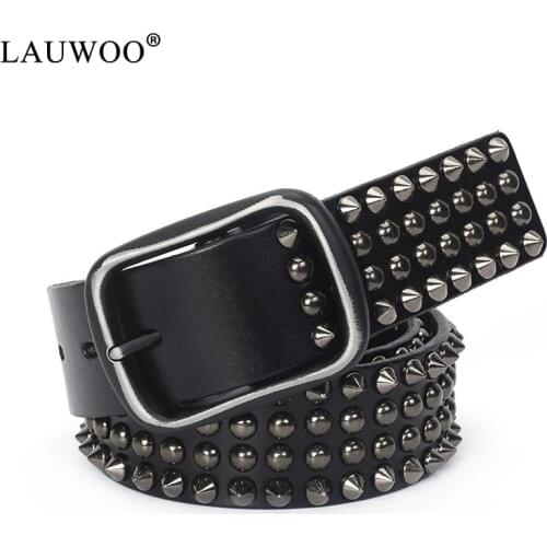 Designer Brand Belt Men Rivet Real Leather Pin Belt Male Black Rock Genuine Leather Cowhide Luxury Punk Belt Jeans