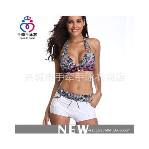 Sexy Boardshort Bikini Set Halter Neck Swimwear Foral Print Beachwear Bathing Suit