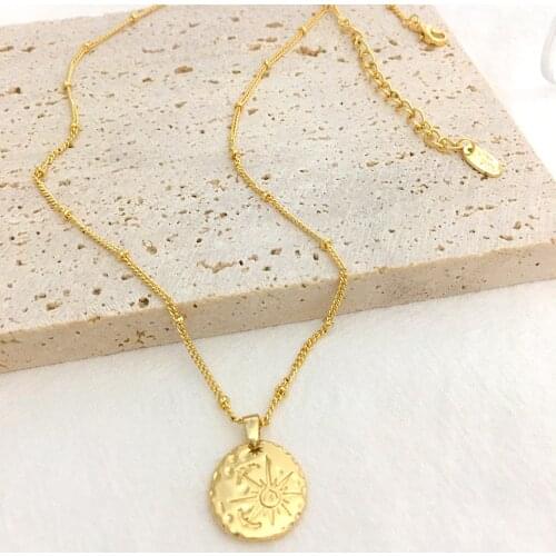 Monlansher Vintage Round Sun Pendant Chain Necklace Gold Color Thin Chain Small Bead Metal Necklaces Trendy Necklace Jewelry