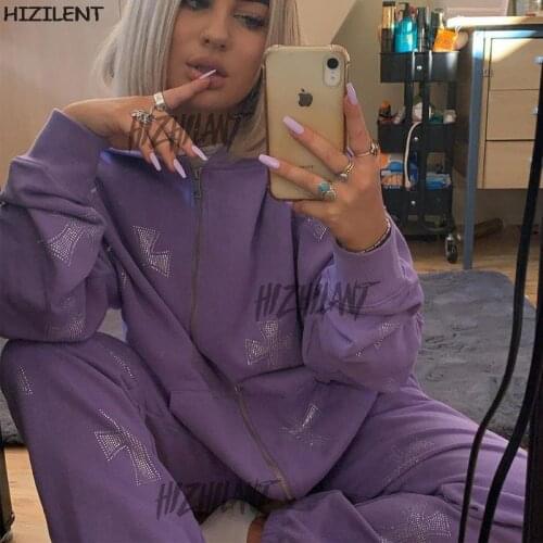 Y2K Rhinestone cross Zip up Oversized Hoodies E-girl Vintage Solid Letter Long Purple Harajuku Female sweatshirt Grunge clothing