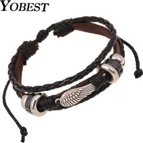 YOBEST Fashion Jewelry Leather Bracelets Charm Gift Bangles Multilayer Feather Bracelet Accessories Wedding Men Jewelry