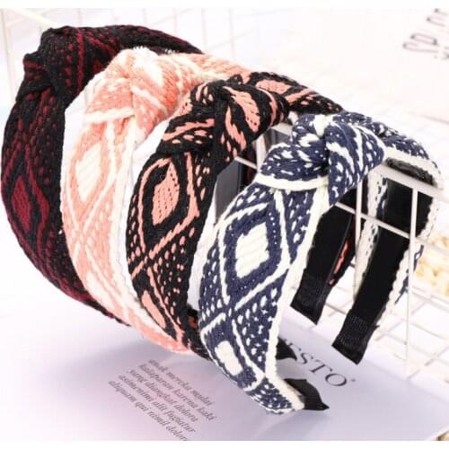 Women Hair Accessories Embroidery Rhombus Pattern Cross Knot Hair Accessories Fabric Wide Side Women Diamond Hairbands Ribbon