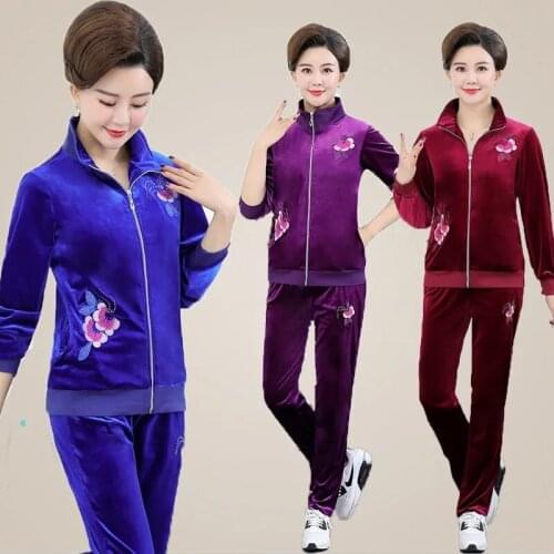 Mom Clothing Embroidery Velvet Tracksuit Middle Aged Spring Autumn Casual Zipper Jacket + Trouser 2 Piece Set Women Loungewear