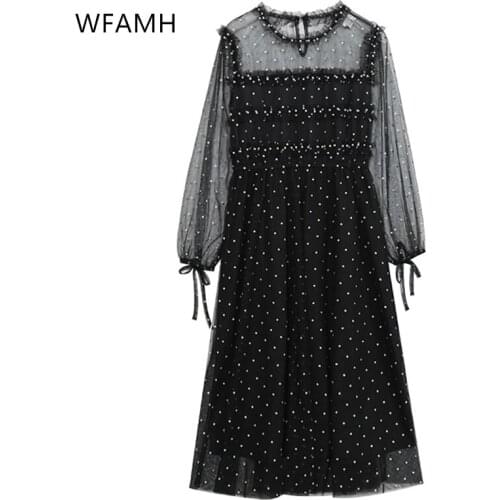 Fashion pearl mesh lace round neck solid color bubble sleeve temperament dress 2021 summer new plus size womens clothing