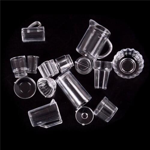 15Pcs/Set 1:12 Scale Transparent Plate Cup Dish Bowl Tableware Set dollhouse Doll Food Kitchen Living Room Miniature Accessories