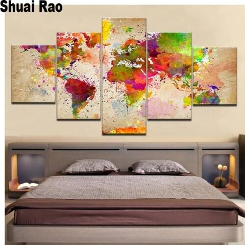 5D DIY diamond embroidery Colorful World Map 5 Panel diamond painting Cross Stitch full square round Rhinestone mosaic decor