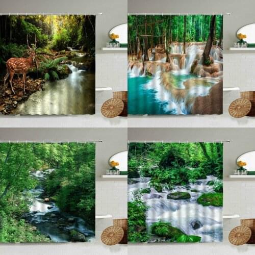 Forest Waterfall Stream Water Landscape Waterproof Shower Curtain Green Plant Deer Photography Bathroom Bathtub Hanging Screen