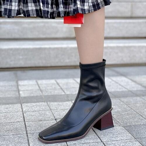 Classic Chelsea Boots Winter Warm Women Ankle Boots Genuine Leather High Heels Short Boots Dancing Shoes Woman