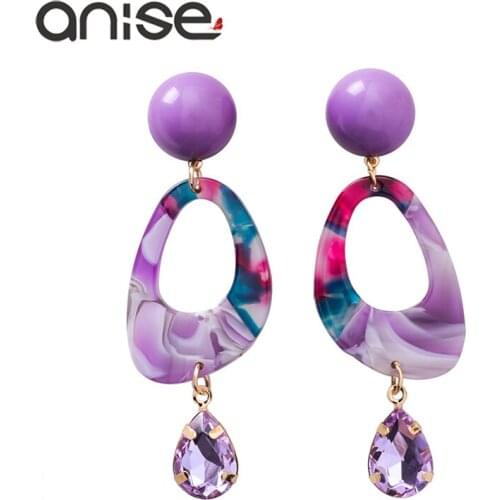 Anise Classic Purple Water Drop Crystal Earrings Woman Cute Oval Multicolor Acrylic Long Stud Earrings Lady Jewelry Oorbellen