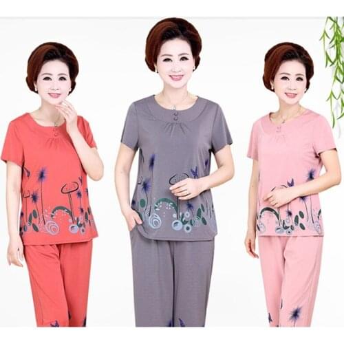Set Middle-Aged Elderly 2021Summer Women Two-Piece Mother Summer Suit Elderly Female New Printing Short-Sleeved Top Grandma L737