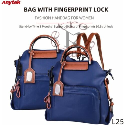 Fashion handbag for women Anytek L25 Fingerprint Bag Lock Travel Hiking Anti-Theft Cellhone Charging Port 40 Fingerprints