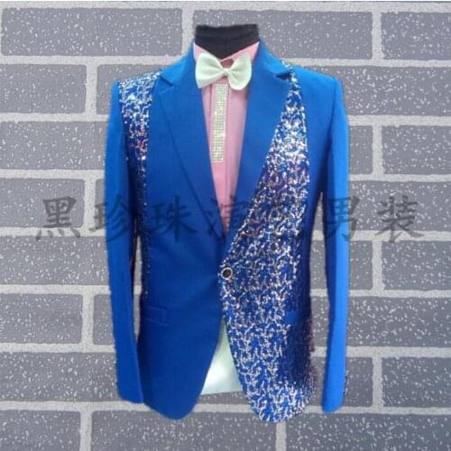 Korean Men Suits Designs Masculino Homme Terno Stage Costumes For Singers Men Sequin Blazer Dance Clothes Jacket Style Blue