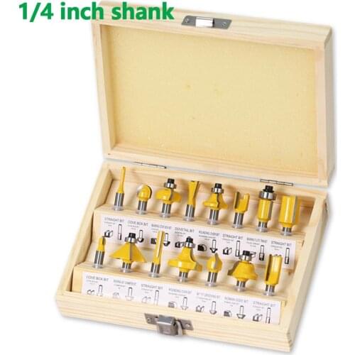 15pcs 1/4 Inch Router Bit Set Trimming Straight 6.35mm Shank Milling Cutter for Wood Bearing Cove Box Bit Tungsten Woodworking