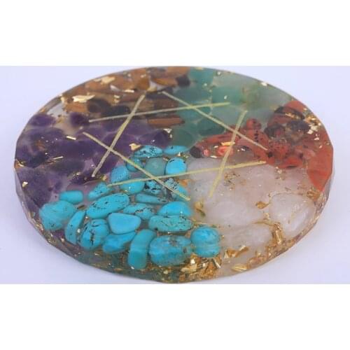 Natural Crystal Stone Resin Plate Healing Balancing Energy Crystal Seven Star Plate Round Resin Ornaments Handcrafts Decoration