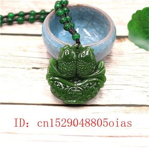 Natural Green Chinese Jade Pisces Pendant Beads Necklace Fashion Charm Jadeite Jewelry Carved Fish Amulet Gifts for Women Men