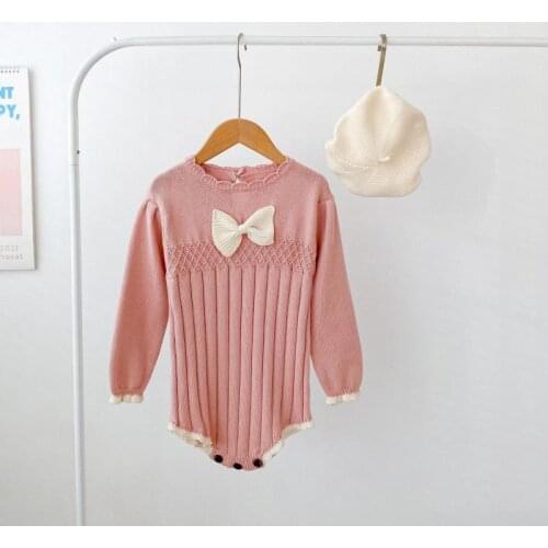 2021 New Baby Girl Long Sleeve Knit Bodysuit With Bow Newborn Pink Sweater Fashion Girls Knitted Jumpsuit Baby Autumn Clothing