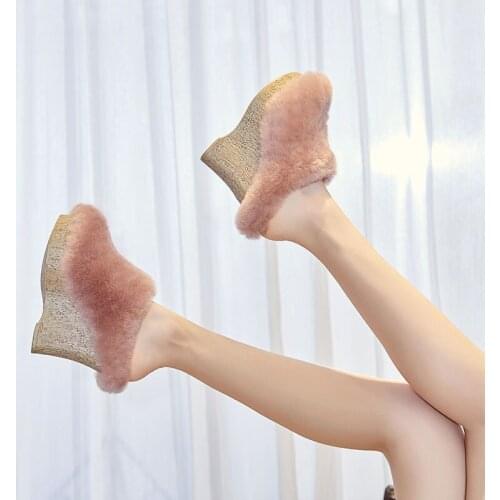 Fall wool outer wear wedge heel high-heel Baotou slippers waterproof platform all-match casual fur integrated warm womens shoes