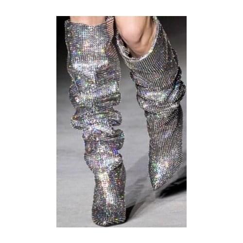 Real photo Luxury Crystal Women Pointy Toe Knee High Boots Sexy Chunky Heel Boots lady rhinestones Knight Boots spike heel boots