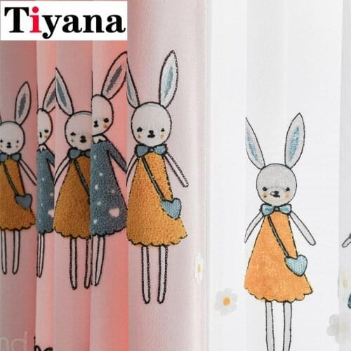 Pink Cartoon Embroidered Rabbit Children Blackout Curtain for Living Room Bedroom Blue Linen Window Drapes Fabric JK233Z
