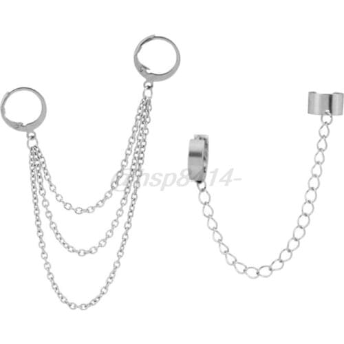 Korean Fashion Hip Hop Chain Earrings Titanium Steel Chain Threader Drop Cuff Double Chain Piercing Earrings Unisex Jewelry