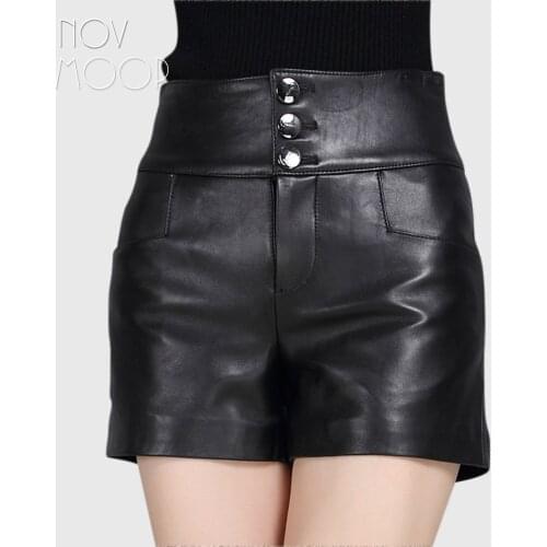 Black red genuine leather shorts women crop tops lambskin slim highwaist hot shorts button decor bottom bermuda feminina LT1286