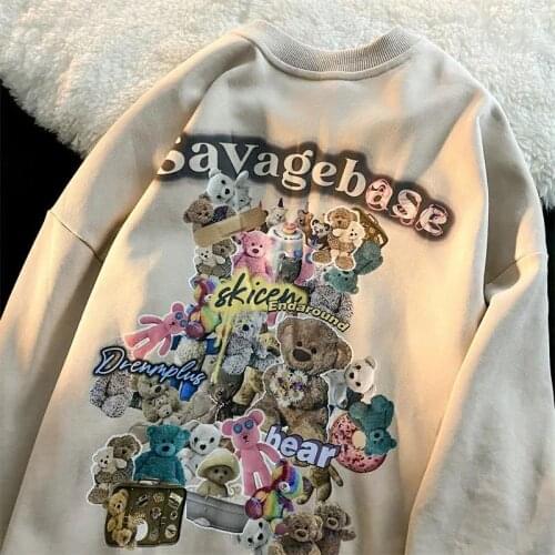 Navy Khaki Funny Bears Printed Sweatshirt Streetwear Oversized Casual O-neck Tops 2021 Autumn New Fashion Harajuku Teens Clothes