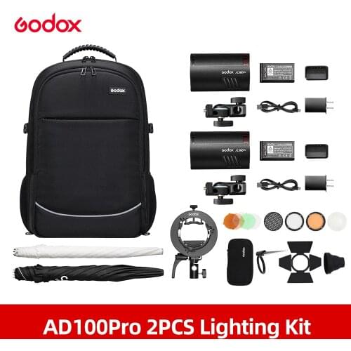 Godox 2pcs AD100Pro AD100 PRO 100W Out Door Flash Flashes with Backpack + Umbrella + S2 Bracket + AK-R1 Flash Kit