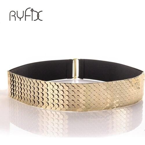 Women Band Elastic Mirror Metal Waist Belt mermaid scale Metallic Bling Gold Plate thin Belt dress Coat decoration BL213