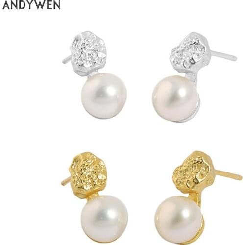 ANDYWEN 925 Sterling Silver Gold Pearl Stud Earring Women Piercing Luxury Jewelry Clips 2021 Women Wedding Jewels Crystal