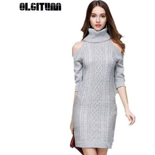 Womens Long Sweater Sexy Strapless Knit Dress Sweater Solid Bottoming Shirt Pullover Turn-down Collar Female Sweater SW839