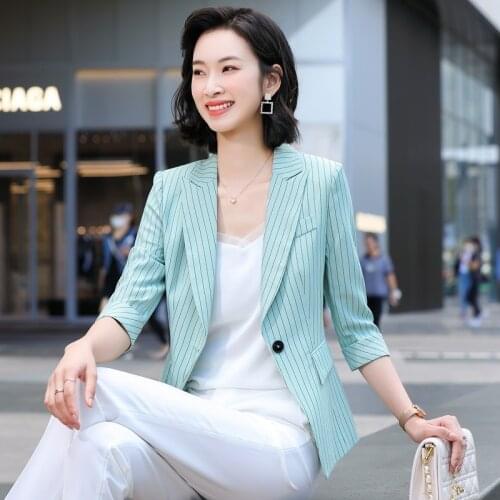 2021 Summer Blue Stripe Small Suit Coat Korean Fashion Temperament Women Notched Straight Slim Plus Size 3xl White Blazers