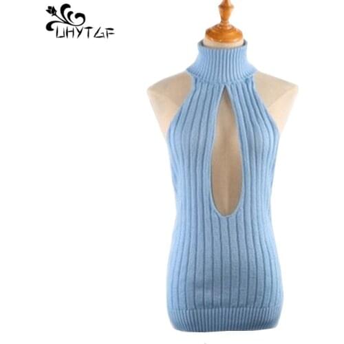UHYTGF Sexy Women Backless Virgin Killer Sweater Bodysuit Turtleneck Open Chest Hollow Japanes Knitted Sweaters Pullovers 322
