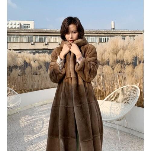 Women imported velvet natural mink fur overcoat hooded female mink coat long style winter fur outerwear