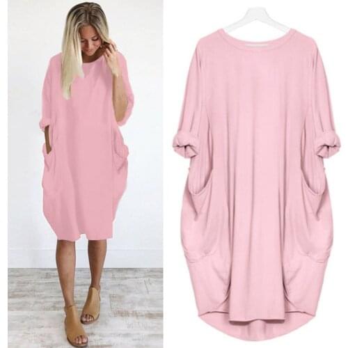 New Women Solid Color Summer Plus Size Long Sleeve Casual Loose Pocket Dress O-Neck Fashion Lady Elegant Oversize Streetwear
