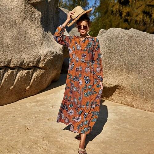 Women Dress Floral Print V Neck Bandage Loose Waist Long Dress Female Long Sleeve Big Hem Sweet Vintage Fashion Vestidos Mujer