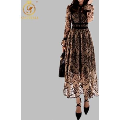 SMTHMA New Spring Elegant Hollow Out Patchwork Dress for Women Vintage Lace Long Sleeve O-Neck Work Dress Woman Party Long Dress