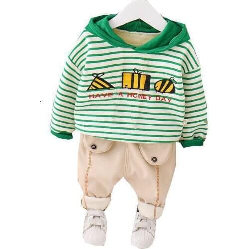Children Winter clothes suits Kids Boys Girls Add Velvet Stripe Letter Bee Hooded Tshirt Pants 2pcs/sets Baby Cartoon Tracksuits