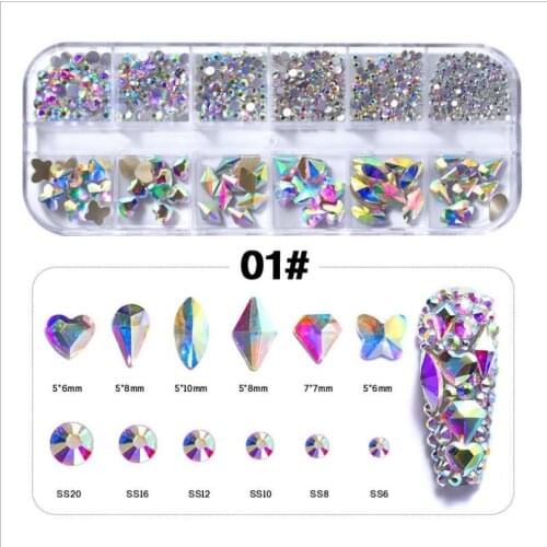 12 Grids Multi-size Crystal AB Diamonds 3D Nail Art Decorations Gem Stones For Nails Rhinestone Decoration T1655