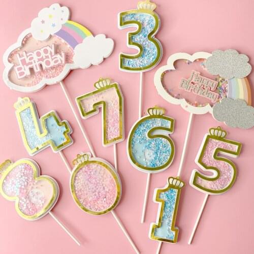 Number Shiny Pink Blue Cake Toppers Baby Shower Rainbow Clouds Birthday Decoration Insert Sweetmeats Wedding Cakes Dessert Decor